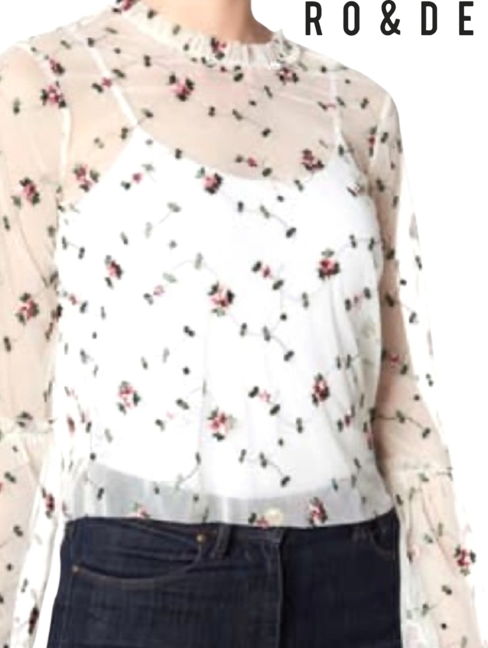 RO & DE Sheer Mesh White Pink Green Floral Embroidered Mock Neck Blouse NWT MED